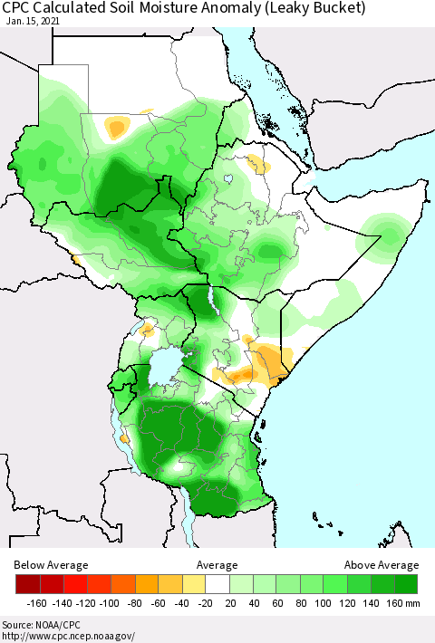 Eastern Africa CPC Soil Moisture Departure from Normal (Leaky Bucket) Thematic Map For 1/11/2021 - 1/15/2021