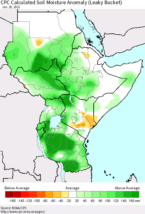 Eastern Africa CPC Soil Moisture Departure from Normal (Leaky Bucket) Thematic Map For 1/16/2021 - 1/20/2021