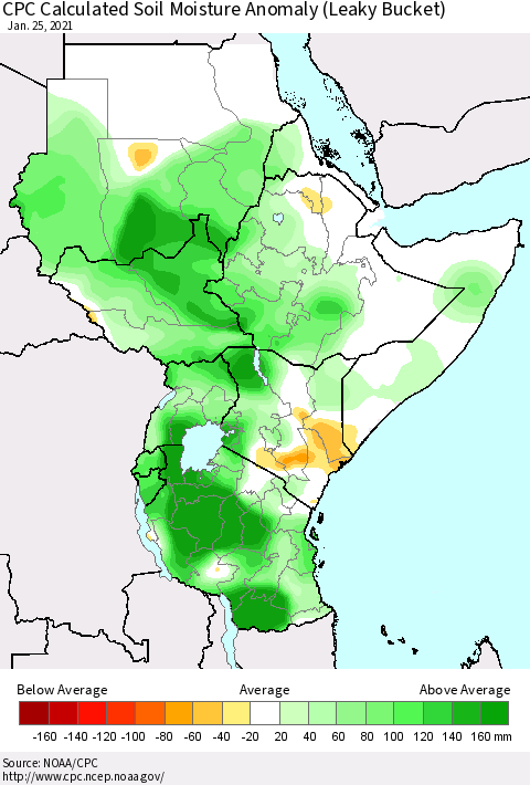 Eastern Africa CPC Soil Moisture Departure from Normal (Leaky Bucket) Thematic Map For 1/21/2021 - 1/25/2021