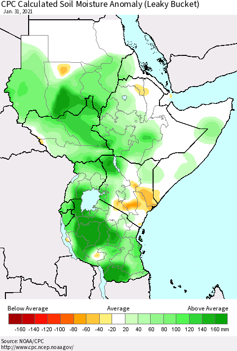 Eastern Africa CPC Soil Moisture Departure from Normal (Leaky Bucket) Thematic Map For 1/26/2021 - 1/31/2021