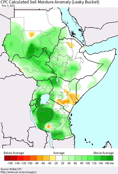 Eastern Africa CPC Soil Moisture Departure from Normal (Leaky Bucket) Thematic Map For 2/1/2021 - 2/5/2021