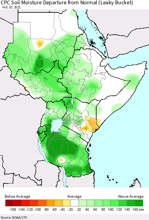 Eastern Africa CPC Soil Moisture Departure from Normal (Leaky Bucket) Thematic Map For 2/6/2021 - 2/10/2021
