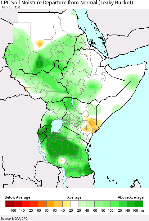 Eastern Africa CPC Soil Moisture Departure from Normal (Leaky Bucket) Thematic Map For 2/11/2021 - 2/15/2021