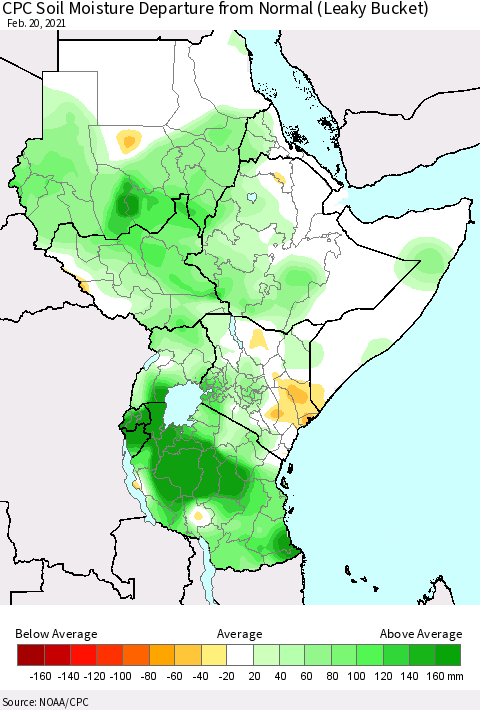 Eastern Africa CPC Soil Moisture Departure from Normal (Leaky Bucket) Thematic Map For 2/16/2021 - 2/20/2021