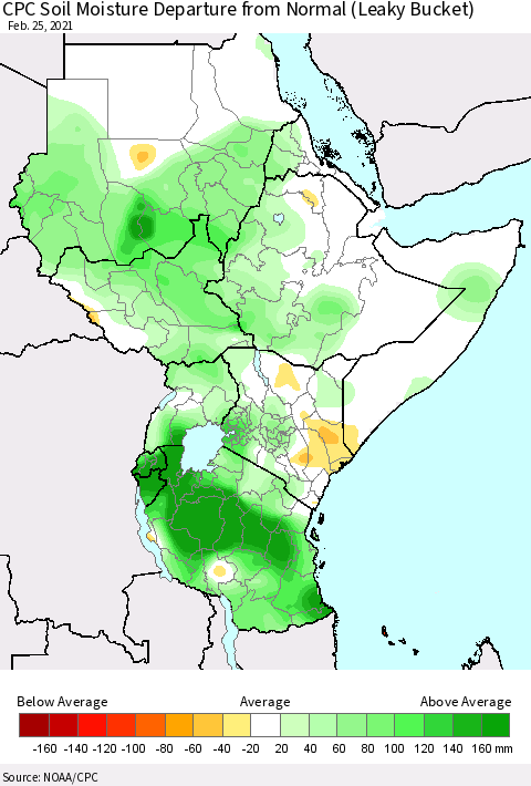 Eastern Africa CPC Soil Moisture Departure from Normal (Leaky Bucket) Thematic Map For 2/21/2021 - 2/25/2021