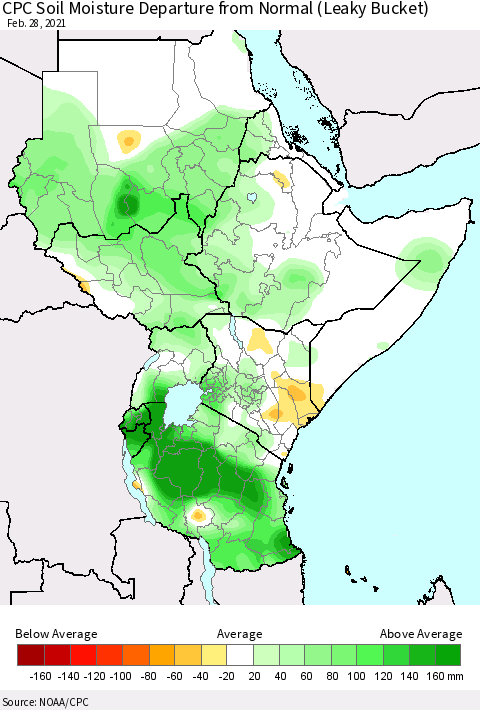 Eastern Africa CPC Soil Moisture Departure from Normal (Leaky Bucket) Thematic Map For 2/26/2021 - 2/28/2021