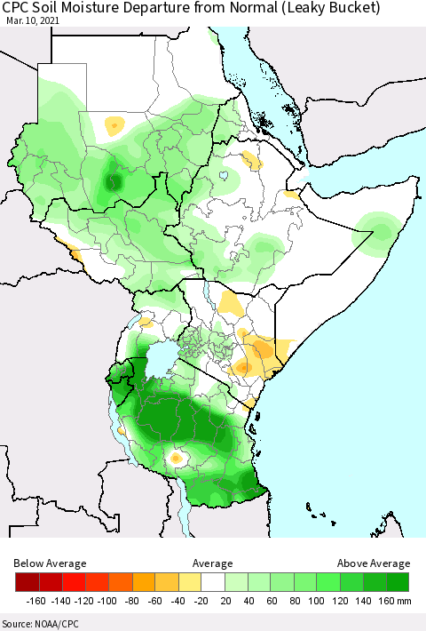 Eastern Africa CPC Calculated Soil Moisture Anomaly (Leaky Bucket) Thematic Map For 3/6/2021 - 3/10/2021