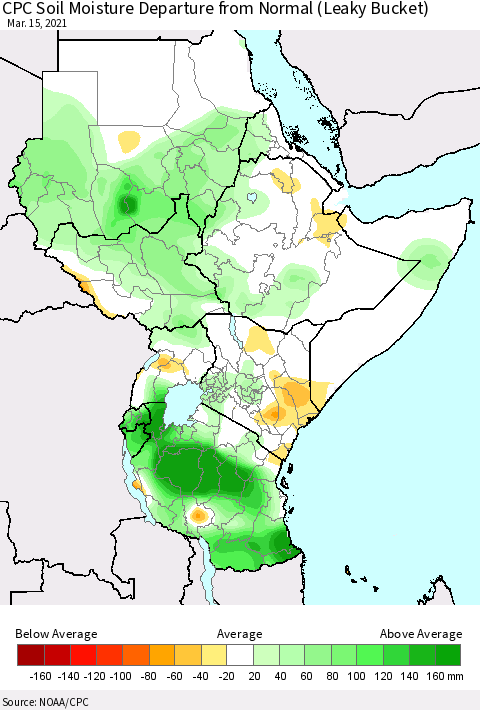 Eastern Africa CPC Soil Moisture Departure from Normal (Leaky Bucket) Thematic Map For 3/11/2021 - 3/15/2021