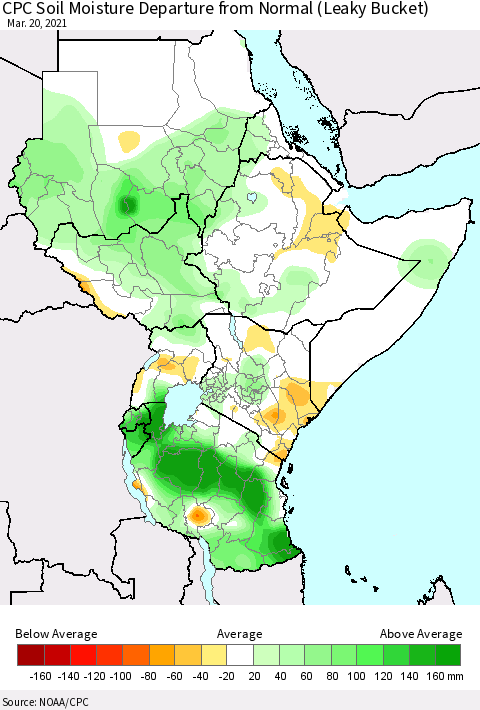 Eastern Africa CPC Calculated Soil Moisture Anomaly (Leaky Bucket) Thematic Map For 3/16/2021 - 3/20/2021