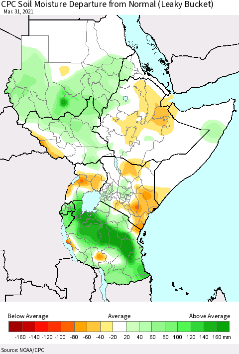 Eastern Africa CPC Calculated Soil Moisture Anomaly (Leaky Bucket) Thematic Map For 3/26/2021 - 3/31/2021