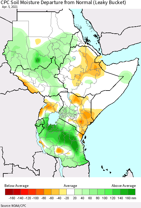 Eastern Africa CPC Soil Moisture Departure from Normal (Leaky Bucket) Thematic Map For 4/1/2021 - 4/5/2021