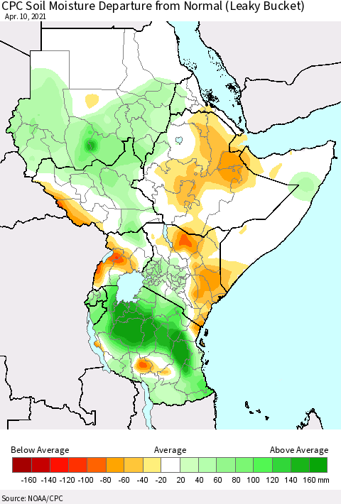 Eastern Africa CPC Calculated Soil Moisture Anomaly (Leaky Bucket) Thematic Map For 4/6/2021 - 4/10/2021