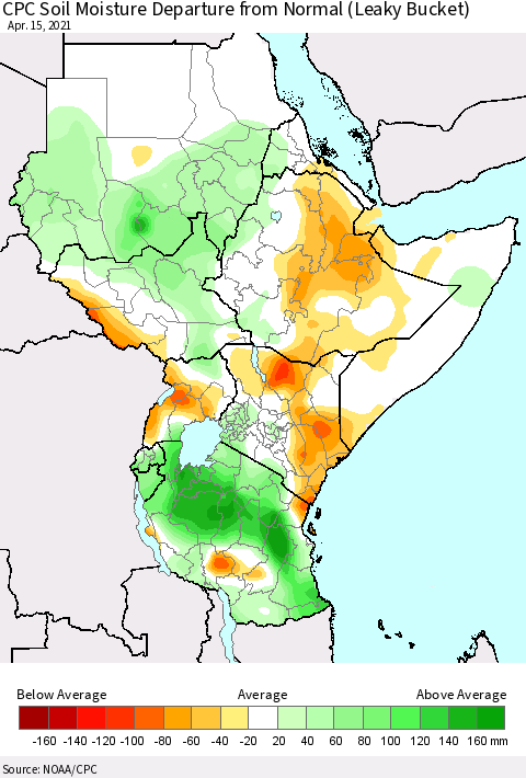 Eastern Africa CPC Calculated Soil Moisture Anomaly (Leaky Bucket) Thematic Map For 4/11/2021 - 4/15/2021