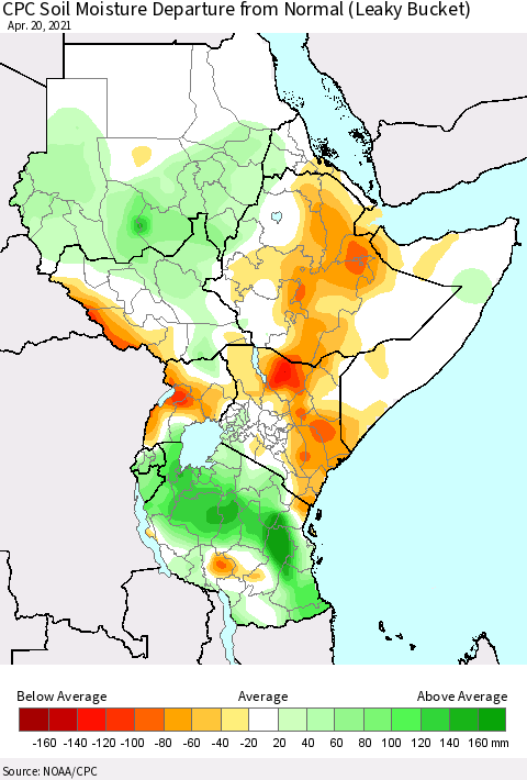 Eastern Africa CPC Calculated Soil Moisture Anomaly (Leaky Bucket) Thematic Map For 4/16/2021 - 4/20/2021