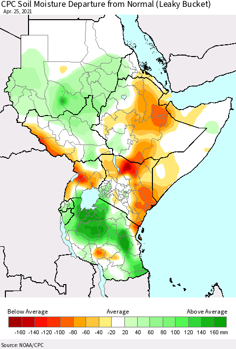 Eastern Africa CPC Calculated Soil Moisture Anomaly (Leaky Bucket) Thematic Map For 4/21/2021 - 4/25/2021