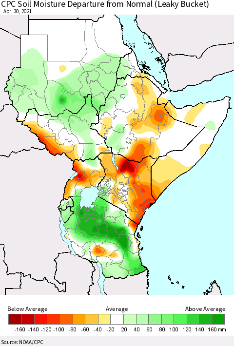 Eastern Africa CPC Calculated Soil Moisture Anomaly (Leaky Bucket) Thematic Map For 4/26/2021 - 4/30/2021