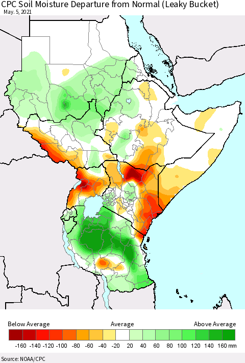 Eastern Africa CPC Calculated Soil Moisture Anomaly (Leaky Bucket) Thematic Map For 5/1/2021 - 5/5/2021