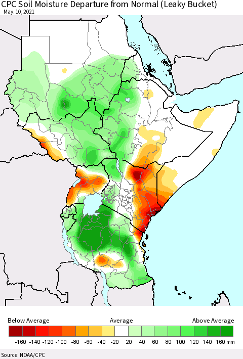 Eastern Africa CPC Calculated Soil Moisture Anomaly (Leaky Bucket) Thematic Map For 5/6/2021 - 5/10/2021