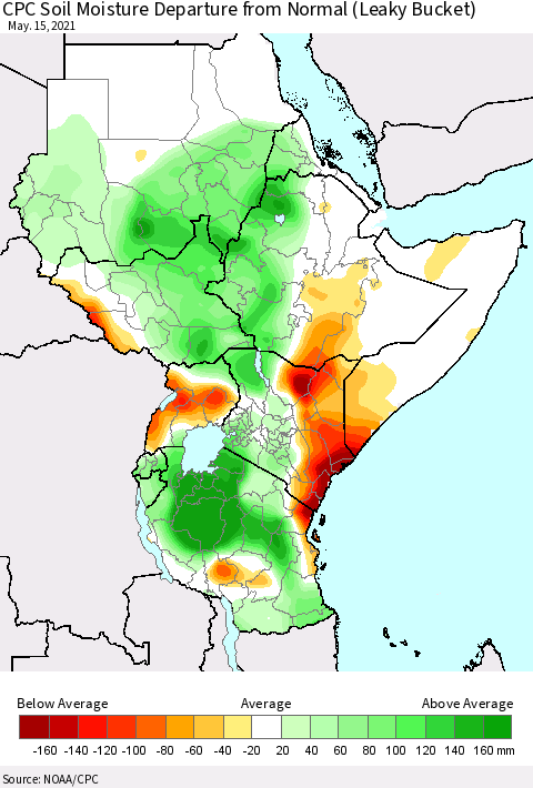 Eastern Africa CPC Calculated Soil Moisture Anomaly (Leaky Bucket) Thematic Map For 5/11/2021 - 5/15/2021