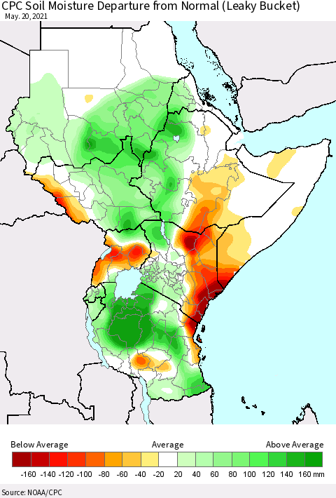 Eastern Africa CPC Calculated Soil Moisture Anomaly (Leaky Bucket) Thematic Map For 5/16/2021 - 5/20/2021