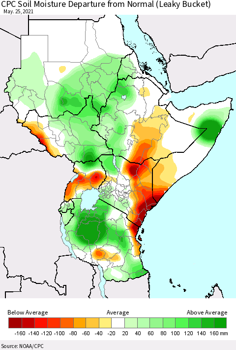 Eastern Africa CPC Calculated Soil Moisture Anomaly (Leaky Bucket) Thematic Map For 5/21/2021 - 5/25/2021