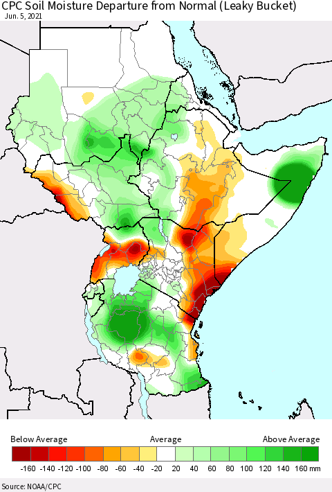 Eastern Africa CPC Calculated Soil Moisture Anomaly (Leaky Bucket) Thematic Map For 6/1/2021 - 6/5/2021