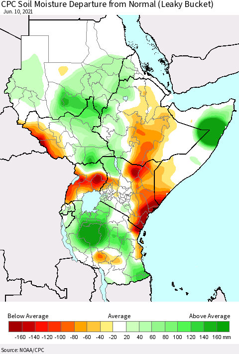Eastern Africa CPC Calculated Soil Moisture Anomaly (Leaky Bucket) Thematic Map For 6/6/2021 - 6/10/2021