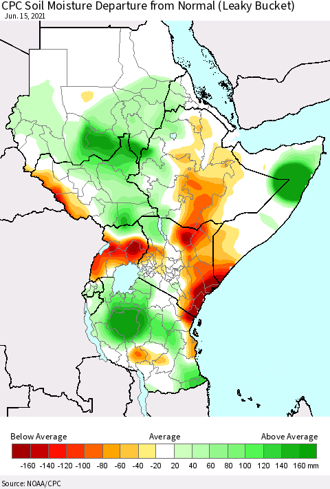 Eastern Africa CPC Calculated Soil Moisture Anomaly (Leaky Bucket) Thematic Map For 6/11/2021 - 6/15/2021