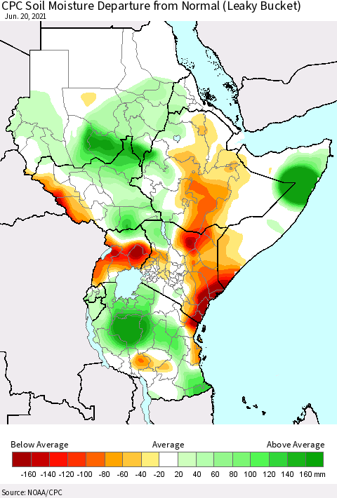 Eastern Africa CPC Calculated Soil Moisture Anomaly (Leaky Bucket) Thematic Map For 6/16/2021 - 6/20/2021