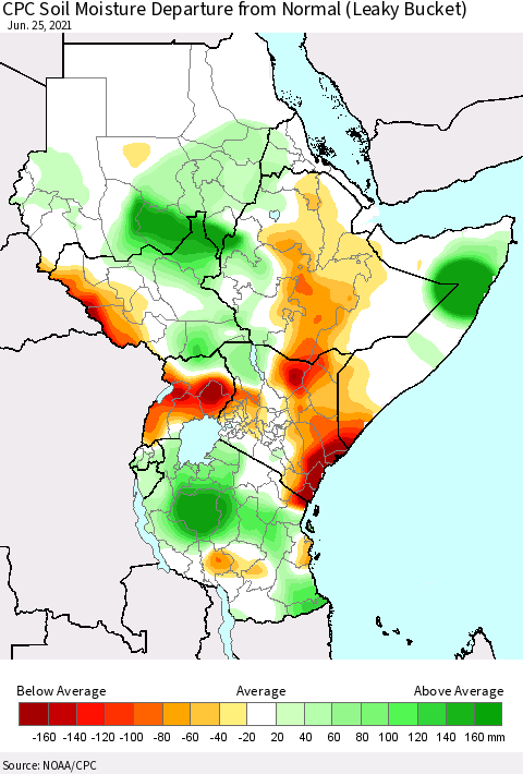 Eastern Africa CPC Calculated Soil Moisture Anomaly (Leaky Bucket) Thematic Map For 6/21/2021 - 6/25/2021