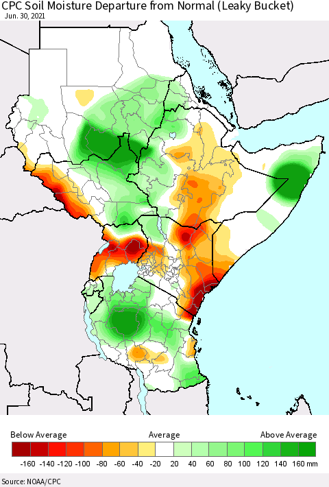 Eastern Africa CPC Calculated Soil Moisture Anomaly (Leaky Bucket) Thematic Map For 6/26/2021 - 6/30/2021