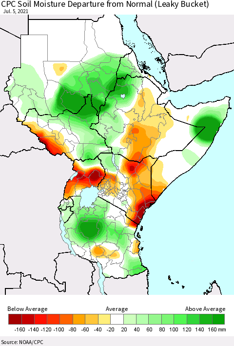 Eastern Africa CPC Soil Moisture Departure from Normal (Leaky Bucket) Thematic Map For 7/1/2021 - 7/5/2021