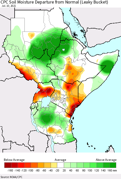 Eastern Africa CPC Calculated Soil Moisture Anomaly (Leaky Bucket) Thematic Map For 7/6/2021 - 7/10/2021