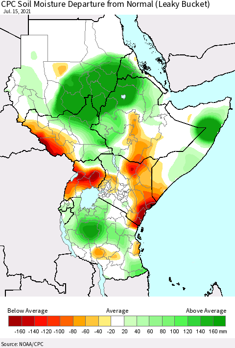 Eastern Africa CPC Soil Moisture Departure from Normal (Leaky Bucket) Thematic Map For 7/11/2021 - 7/15/2021