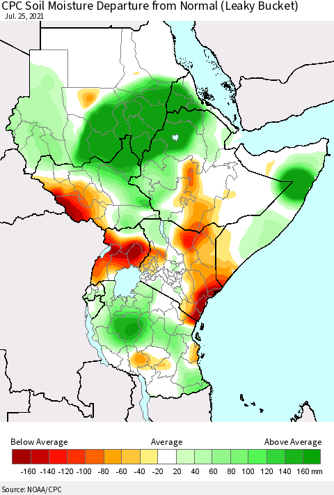 Eastern Africa CPC Calculated Soil Moisture Anomaly (Leaky Bucket) Thematic Map For 7/21/2021 - 7/25/2021