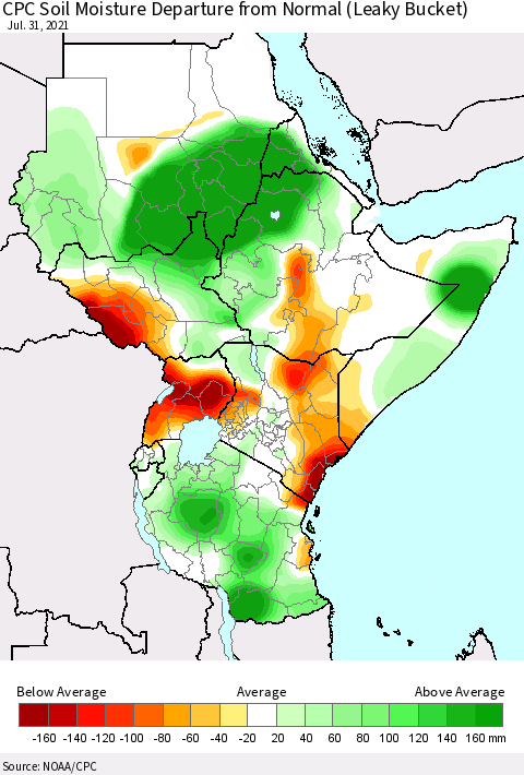 Eastern Africa CPC Calculated Soil Moisture Anomaly (Leaky Bucket) Thematic Map For 7/26/2021 - 7/31/2021