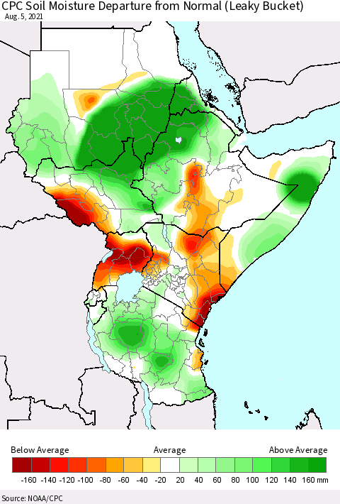 Eastern Africa CPC Calculated Soil Moisture Anomaly (Leaky Bucket) Thematic Map For 8/1/2021 - 8/5/2021
