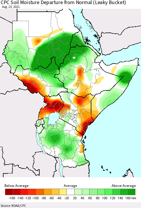 Eastern Africa CPC Soil Moisture Departure from Normal (Leaky Bucket) Thematic Map For 8/6/2021 - 8/10/2021