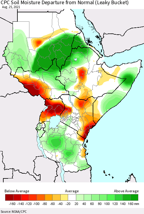 Eastern Africa CPC Soil Moisture Departure from Normal (Leaky Bucket) Thematic Map For 8/21/2021 - 8/25/2021
