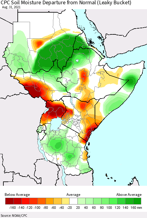 Eastern Africa CPC Soil Moisture Departure from Normal (Leaky Bucket) Thematic Map For 8/26/2021 - 8/31/2021