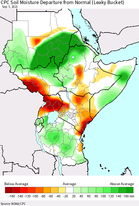 Eastern Africa CPC Soil Moisture Departure from Normal (Leaky Bucket) Thematic Map For 9/1/2021 - 9/5/2021