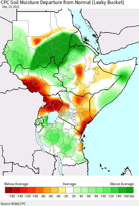 Eastern Africa CPC Calculated Soil Moisture Anomaly (Leaky Bucket) Thematic Map For 9/6/2021 - 9/10/2021
