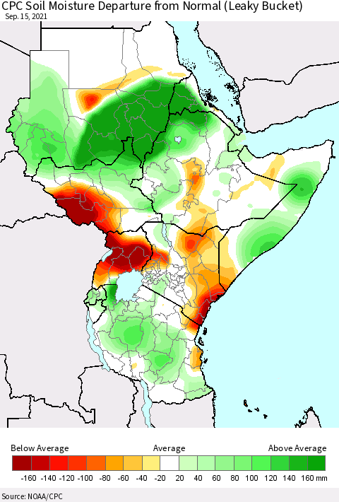 Eastern Africa CPC Calculated Soil Moisture Anomaly (Leaky Bucket) Thematic Map For 9/11/2021 - 9/15/2021