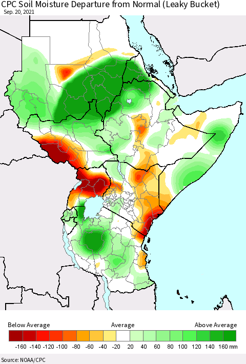 Eastern Africa CPC Soil Moisture Departure from Normal (Leaky Bucket) Thematic Map For 9/16/2021 - 9/20/2021