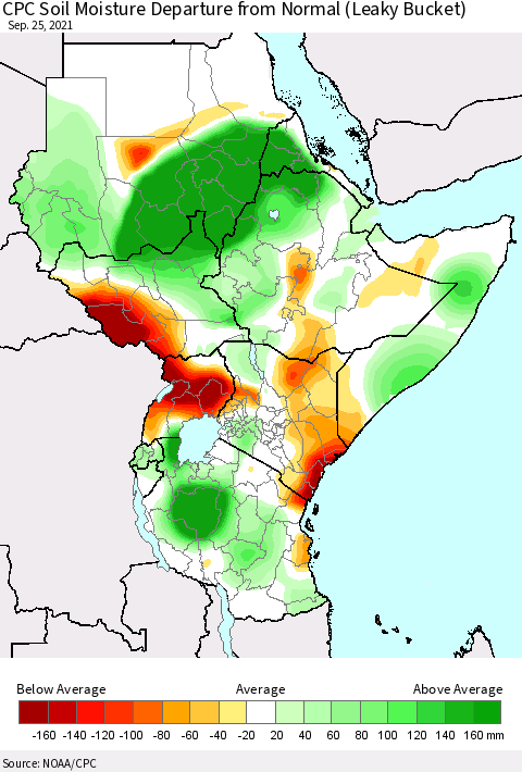 Eastern Africa CPC Calculated Soil Moisture Anomaly (Leaky Bucket) Thematic Map For 9/21/2021 - 9/25/2021