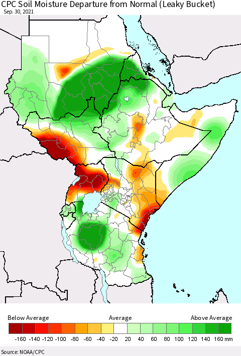 Eastern Africa CPC Calculated Soil Moisture Anomaly (Leaky Bucket) Thematic Map For 9/26/2021 - 9/30/2021