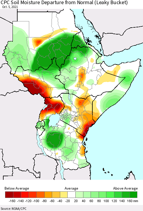 Eastern Africa CPC Calculated Soil Moisture Anomaly (Leaky Bucket) Thematic Map For 10/1/2021 - 10/5/2021
