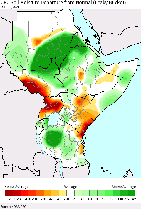 Eastern Africa CPC Calculated Soil Moisture Anomaly (Leaky Bucket) Thematic Map For 10/6/2021 - 10/10/2021