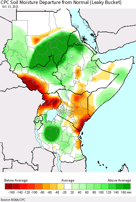Eastern Africa CPC Soil Moisture Departure from Normal (Leaky Bucket) Thematic Map For 10/11/2021 - 10/15/2021
