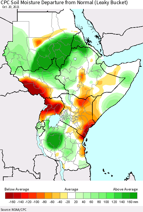 Eastern Africa CPC Calculated Soil Moisture Anomaly (Leaky Bucket) Thematic Map For 10/16/2021 - 10/20/2021